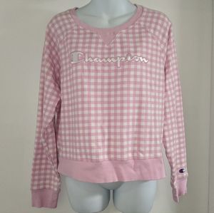 Champion pink white checkered gingham plaid sweatshirt pullover crew neck logo